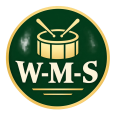 Rundes W-M-S-Logo mit goldener Trommel auf grünem Grund